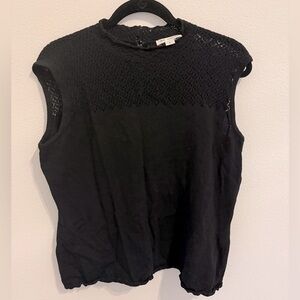 St. John Black Sleeveless Knit Shell with Lace Yoke